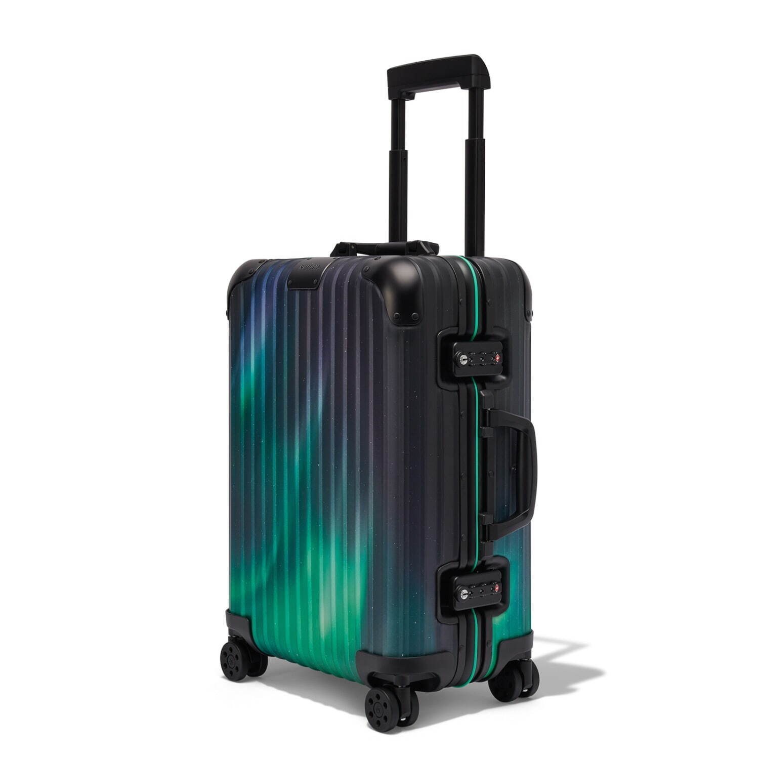 リモワ“オーロラ”着想の限定スーツケース、鮮やかグリーン×パープルの