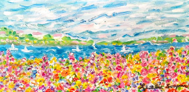 レスリー セイヤ 花畑の中 本人を描いた 105／250 シルク