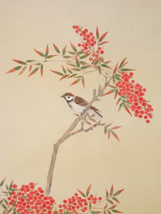 未使用品】掛軸 鈴木銀嶺『南天に雀』日本画 紙本 箱付 掛け軸 L01413