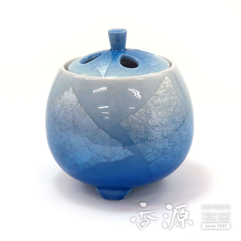 純銀火屋瑠璃香炉 青色ガラス容器 金属蓋付き 純銀火屋瑠璃香炉 青色