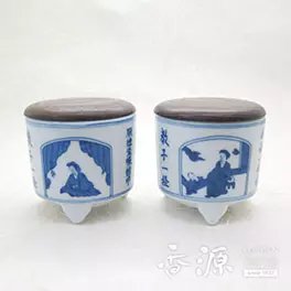 伊万里染付双鹿摘み人物図六角形香炉茶道具茶器香道具香道香香木