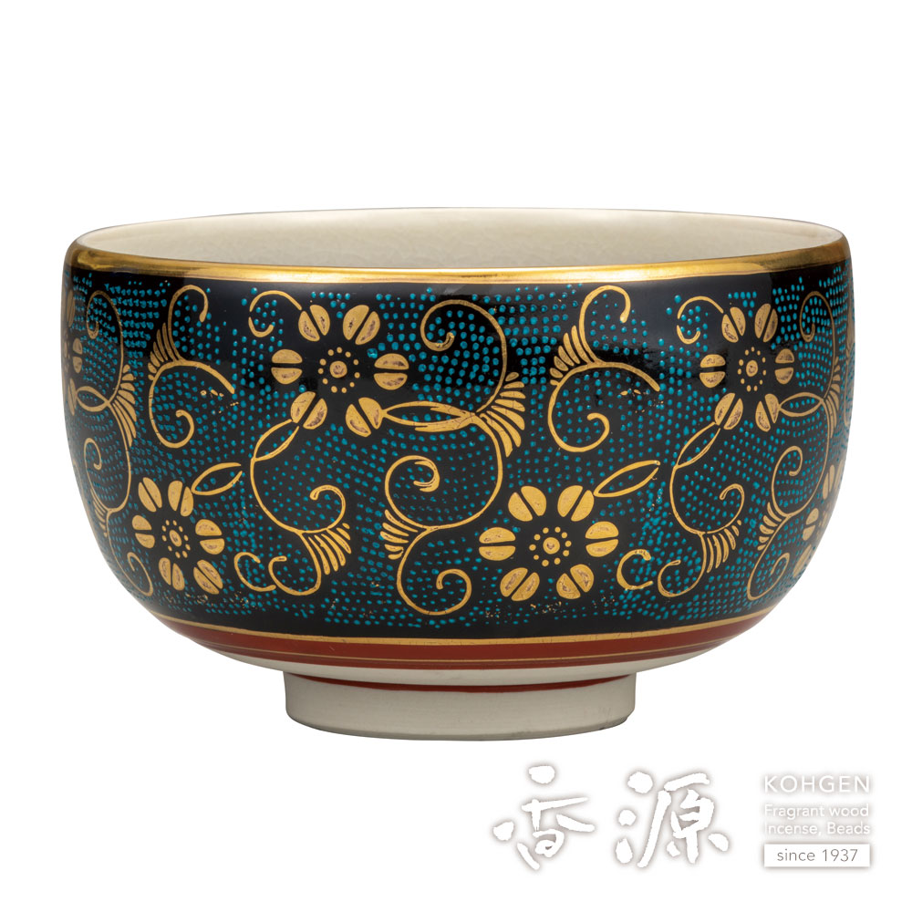 九谷 田村金星 細字茶碗(九谷焼梅扇細字茶碗）共箱 美品 金彩色絵茶碗