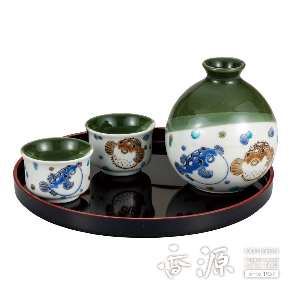 未使用 九谷焼 古九谷 風花鳥 酒器 徳利2客 お猪口 5客