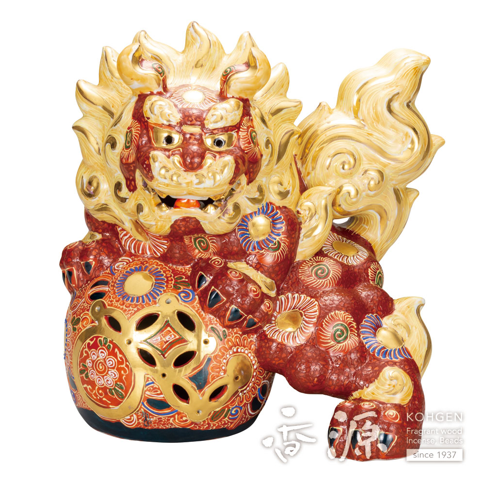 玉乗り 獅子 八幡窯 須栄義 金 赤 松竹梅 九谷焼 縁起物 招福 魔除け
