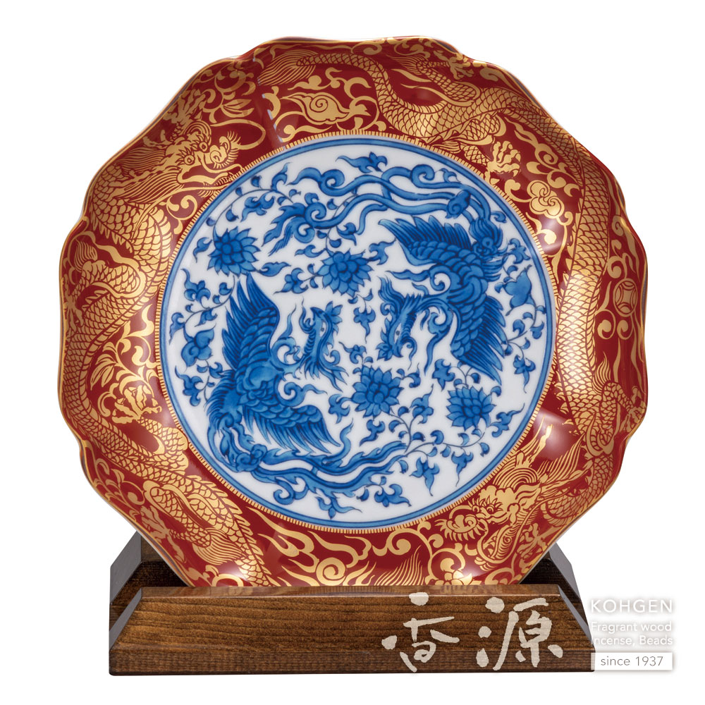 美品 九谷焼 九谷仙龍 大皿 飾皿 古九谷花鳥（皿立付）30cm 美品