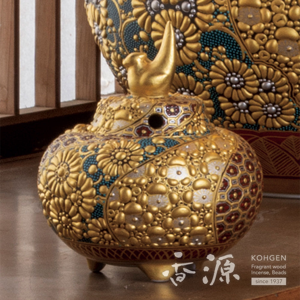 九谷焼 陶器製波と獅子の香炉 三ツ井為吉作 深厚釉香炉 九谷焼