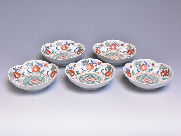 古伊万里（柿右衛門様式) 色絵唐花文桔梗形向付 5客 江戸時代元禄頃