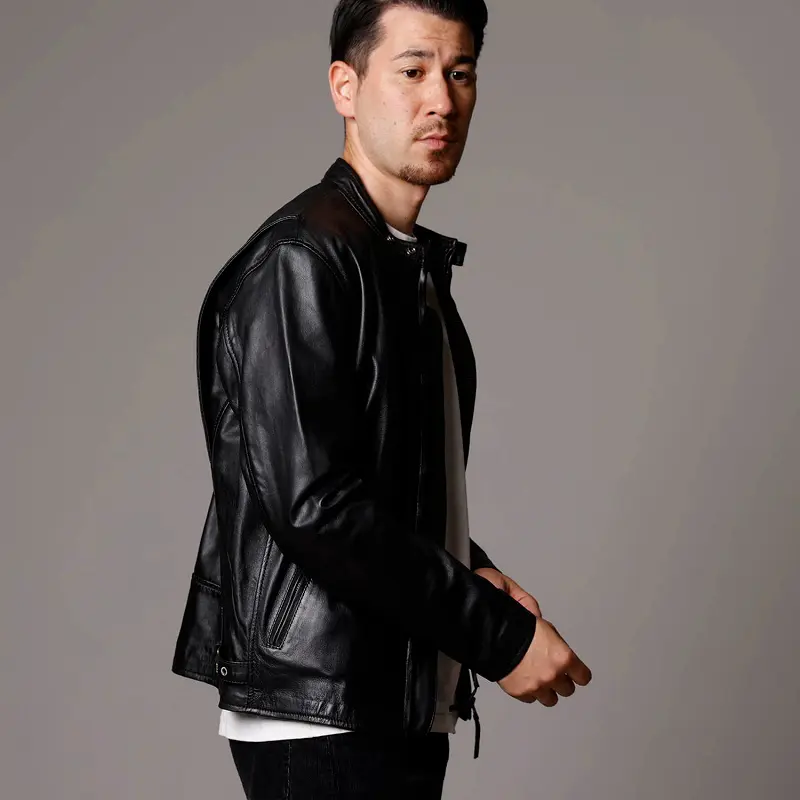 Mo-Laws ラム革 シングルライダースジャケット メンズ ブラック