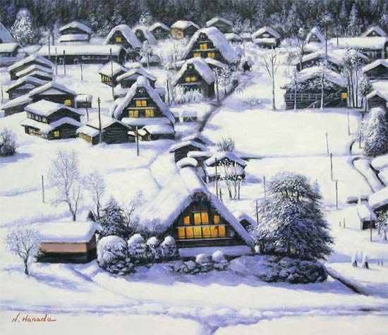 絵画 油絵 雪の白川郷 （原田信夫） 送料無料 【肉筆】【油絵】【日本