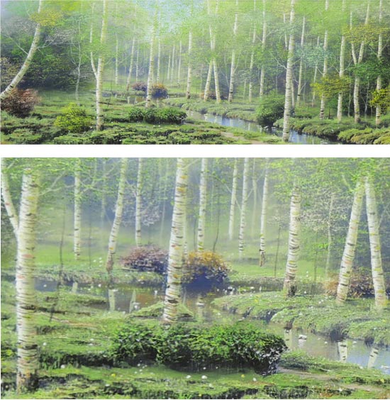 油彩画】早瀬遼 作 白樺林 肉筆画 F10 新緑美しく春〜夏に