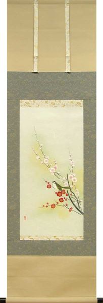 掛け軸 紅白梅に鶯 （南川康夫） 送料無料 【掛軸】【半間床】【冬