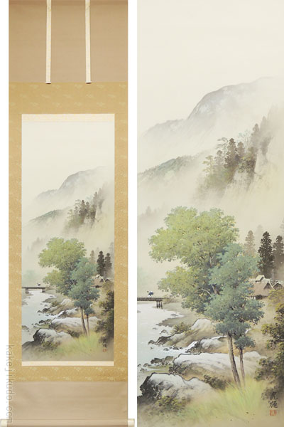 掛け軸 山水画 油書作品 徳松 作 掛け軸 山水画 油書作品 徳松 作