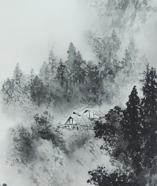 真作】掛軸 無落款 静寂の湖畔風景 幽玄の水墨山水 遠景の雅趣 R75 真