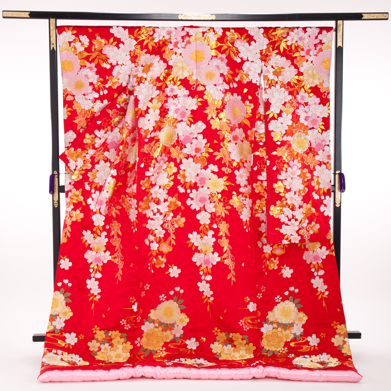 花嫁 正絹 色打掛レンタル 010004 赤 洋柄 桜 裏ピンク