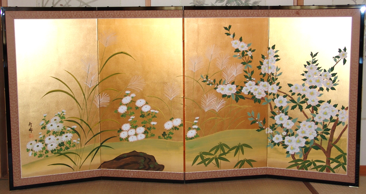 四つ折り屏風 日本画 金箔彩色 紅葉に露草 四つ折り屏風 日本画 金箔
