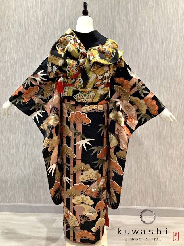 正絹振袖レンタル】 80032 黒地竹に扇松正絹振袖袋帯セット