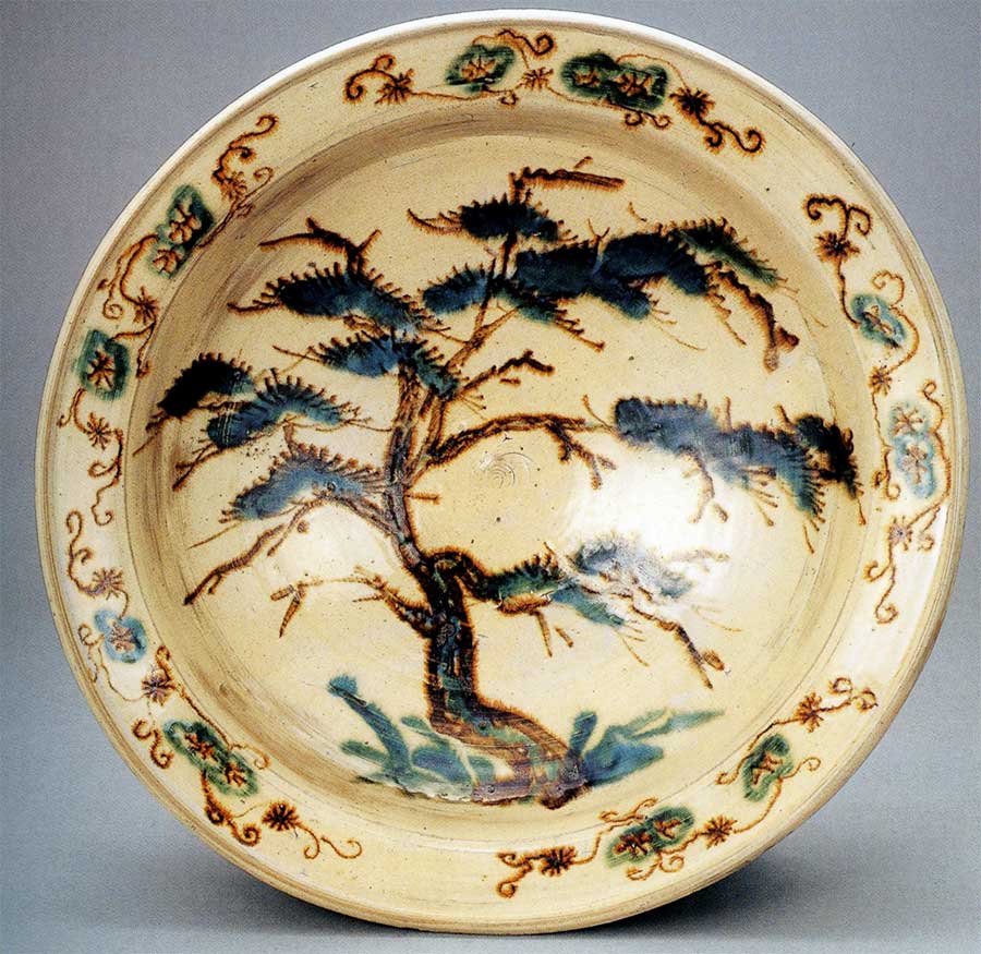 侍】江戸時代 古弓野焼 鉄絵緑彩松絵大甕 水甕 肥前陶磁