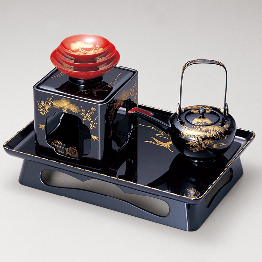 会津塗 黒塗 絵島型 四ツ揃 お屠蘇器 漆器セット 木箱入 金彩 鶴文様