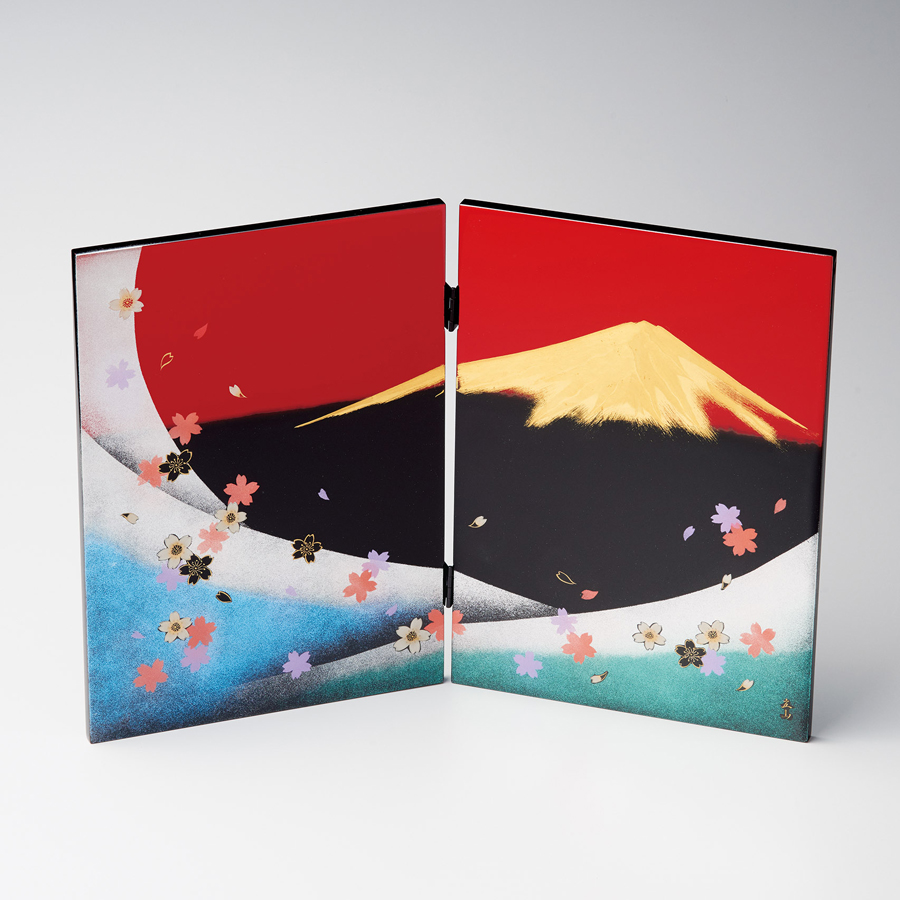 屏風 沈金桜富士 黒朱 木製 漆塗り (製造中止) 漆器の井助