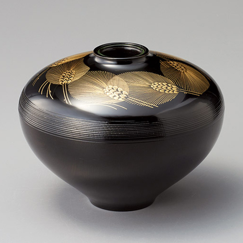 けやき花器 沈金 桜/福輪 黒 木製 漆塗り 12-13801/13802 漆器の井助