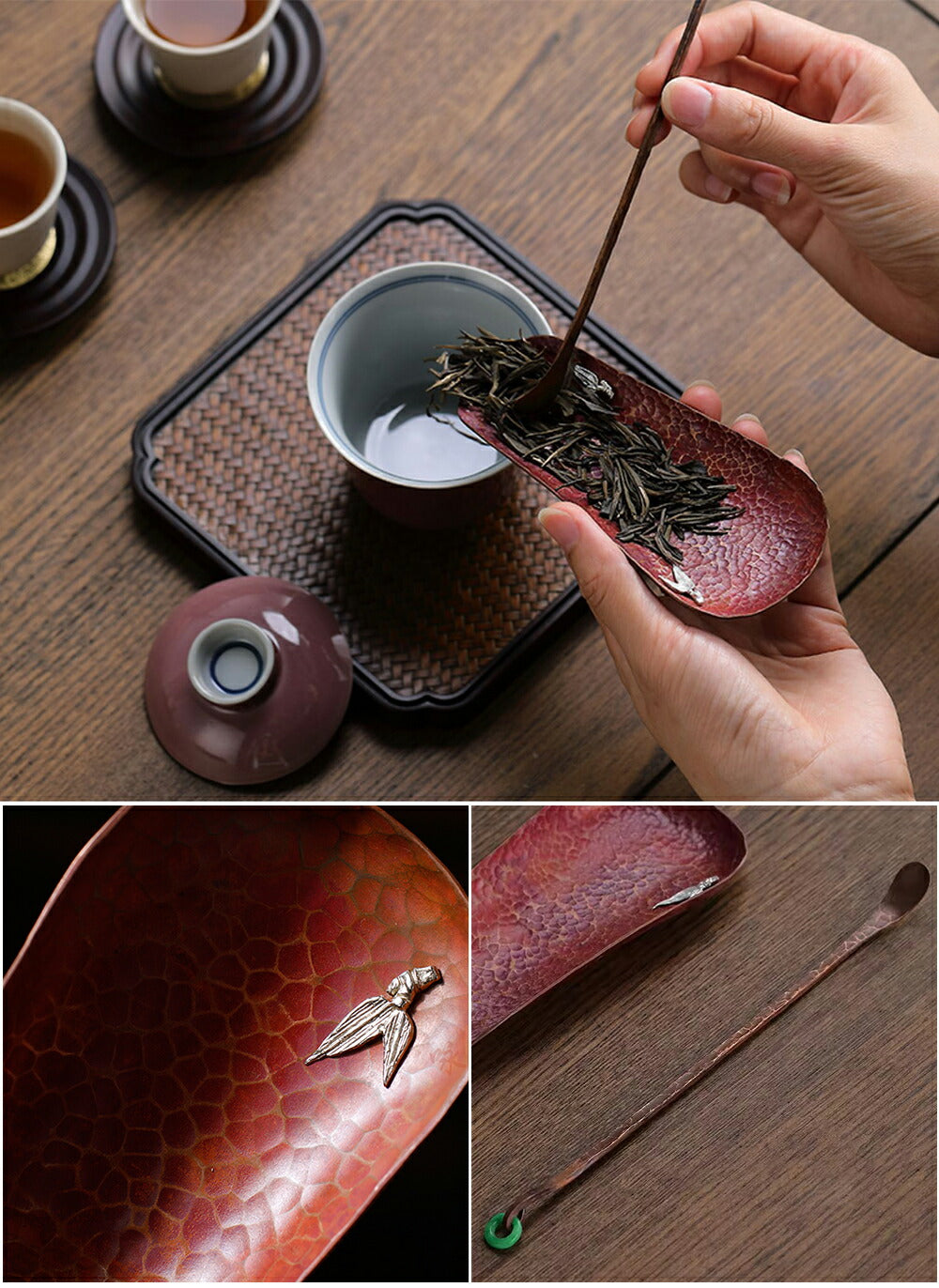 純銅製 【NH595】銅製品 5点セット 純銅製 網代 角皿 開新堂謹製 茶托