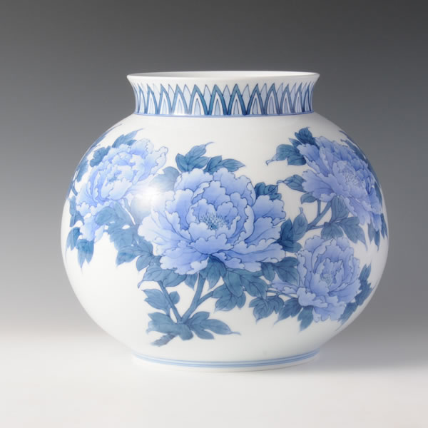 鍋島焼 色鍋島 七代 小笠原藤右衛門作 牡丹文 筒花瓶 共箱 M R6701B