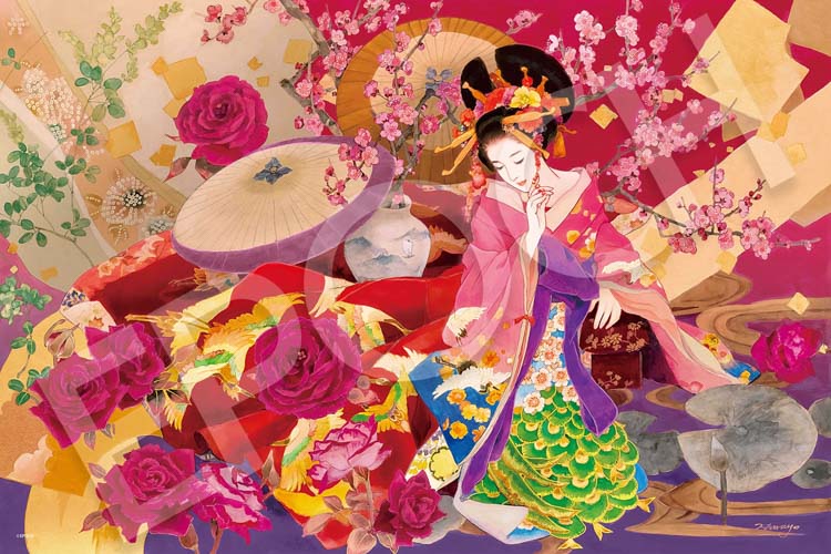 千P③花ガーデン階段口ジグソーパズル アルミ額50×74㎝完成 油絵作名