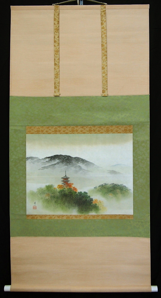 古美術 神宮堂 掛軸 彩色山水画