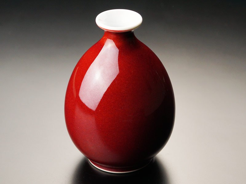 窯変釉の赤い一輪挿し、作家物、辰砂