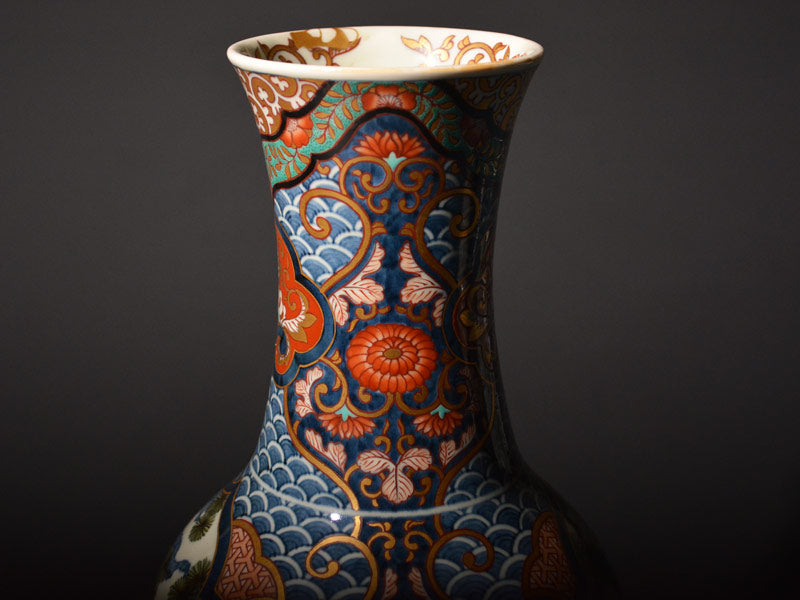 献上手古伊万里焼】花瓶 染錦本金青海波虎王図