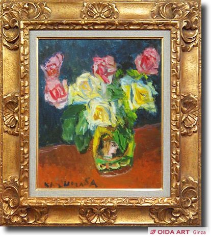 中川一政、絵画、油彩4号、薔薇、肉筆、新品額縁、片岡球子。 中川一
