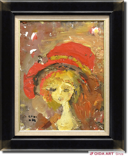 進 徹□花飾りの帽子の女性□油彩□額付絵画 進