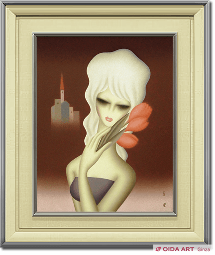 東郷青児」抽象的な女性像の絵画チューリップ