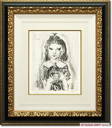 藤田嗣治、絵画、油彩4号、猫を抱く少女、肉筆、新品額縁、鴨居玲