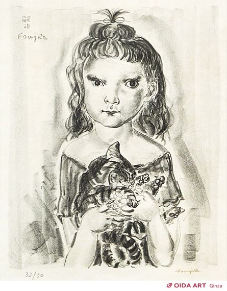 藤田嗣治、絵画、油彩4号、猫を抱く少女、肉筆、新品額縁、鴨居玲