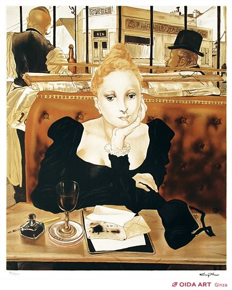 藤田嗣治レオナールドフジタ 喫煙する自画像のリトグラフ