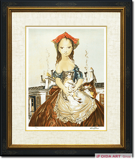 藤田嗣治 油彩F8号 パリ屋根の前の少女と猫 表サイン 裏 田村孝之介