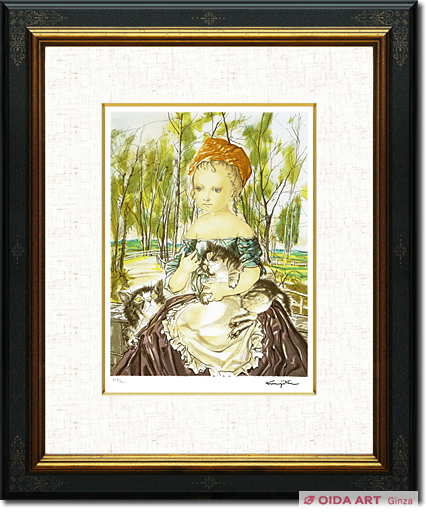 藤田嗣治、絵画、油彩画4F猫を抱く少女、高級額縁、肉筆、鴨居玲