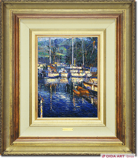 港の風景 油彩画 ダークブラウンフレーム 港の風景 油彩画 ダーク