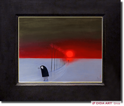 油彩画 斎藤真一作 「赫い雪」～越後瞽女日記より～ 額付 共シールル