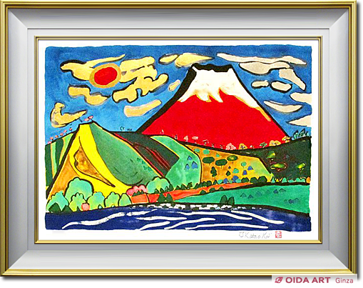 F4号】手描き油彩 片岡球子【富士】額縁 未使用額 サイン 落款 絵画 赤