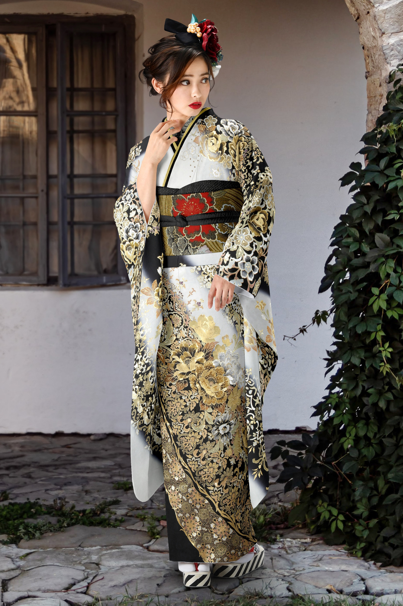 デニム風の妖艶振袖で魅せるモードで重厚な成人式コーデ｜ブルー