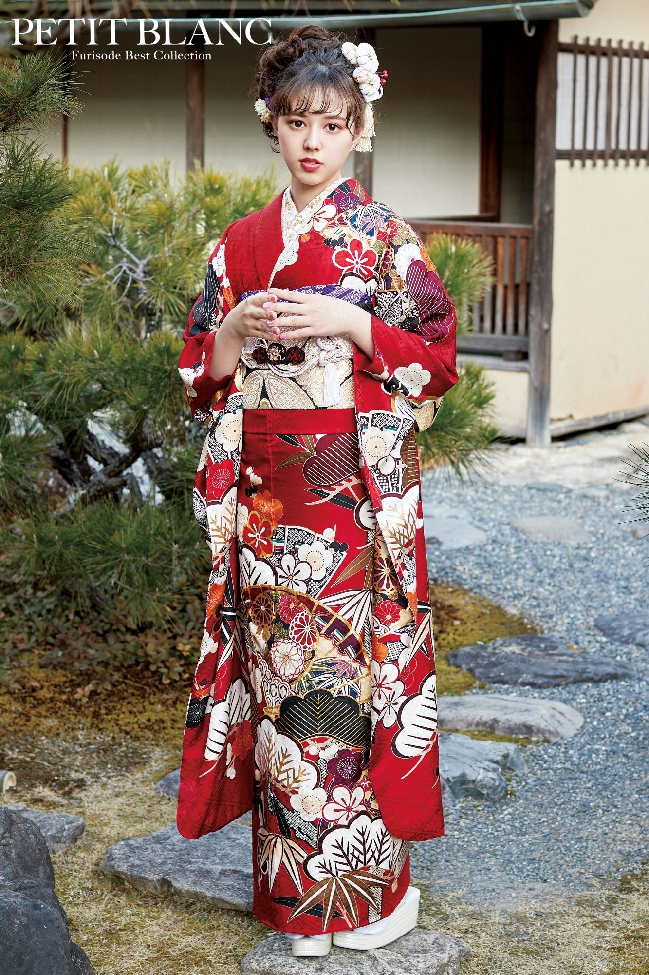 エンジと黒の染め分け牡丹と乱菊の振袖フルセット エンジと黒の