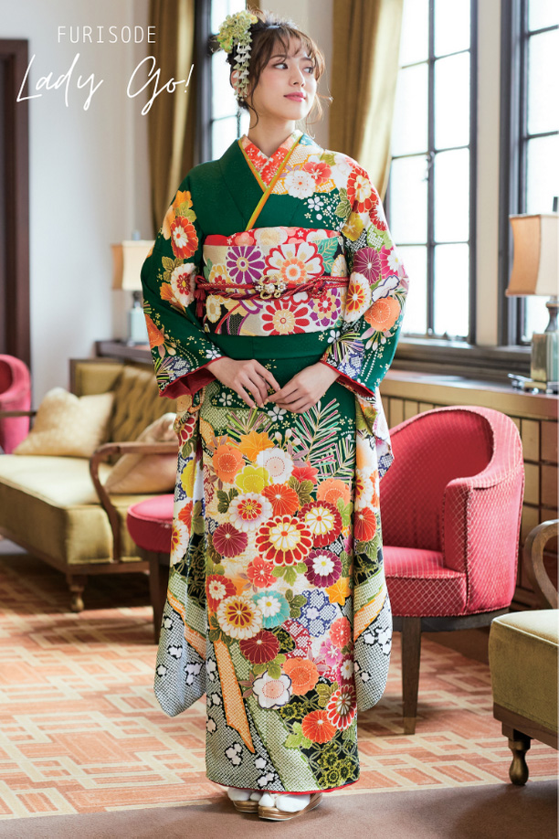 振袖フルセット 薄黄緑 花柄 古典柄 オレンジ帯 【公式通販】 振袖フル