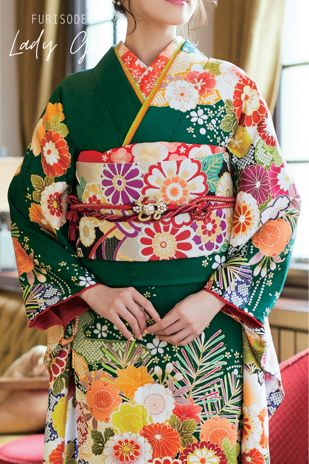 格安！ 振袖フルセット 7点 成人式 結婚式 前撮り 緑 グリーン 総絞り