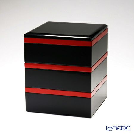 伝統的な輪島塗 黒漆の3段重箱と重台のセット 伝統