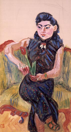 梅原龍三郎チューリップ鉛筆画真作巨匠 姑娘とチューリップ - 東京国立