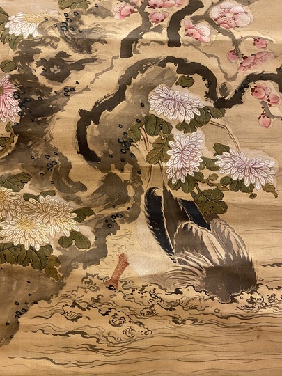 瑠璃色のスズメと大菊の図】掛軸 開運 縁起物 絵 秋 五節句 重陽