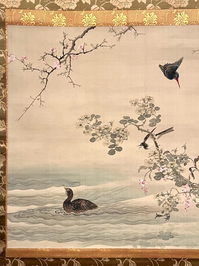 梅の花と小鳥の水墨画掛軸 鈴木大麻 作 梅の花と小鳥