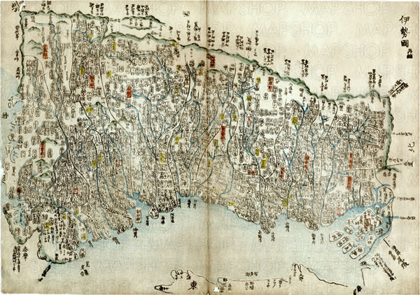 彩色木版画 伊勢国輿地全図」江戸期刊 1舗|古地図 和本 江戸時代 伊賀